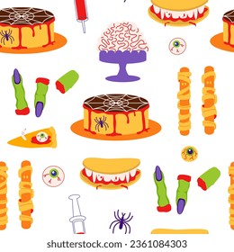 Patrón sin costuras de comida zombi, fondo. Dish por la fiesta de Halloween, comida rara. Asustada comida de Halloween. Perros calientes momias, galletas con dedos de bruja, dulces vampiros, pizza, cóctel sangriento Mary en jeringa.