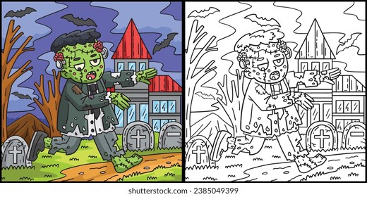 Zombie Frankenstein Coloring Page Illustration