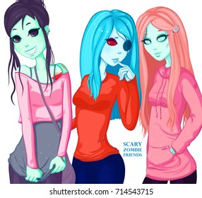 Zombie friends on isolated background. Zombie girls