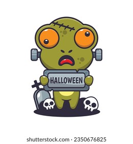 Zombie frog holding halloween greeting stone. 