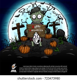 Zombie with full moon halloween background by hand drawing.Dead man and dog zombie vector on graveyard background.
