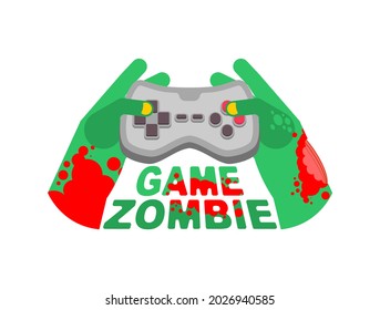 Zombie game. Zombie plays on a gamepad. Zombie hands and joystick