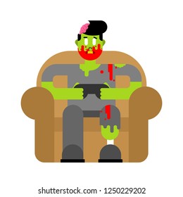 Zombie gamer player video game. Zombie guy and joystick. Dead man sitting on chair playing videogame