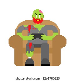 Zombie gamer player video game pixel art. Zombie guy and joystick 8 bit. Dead man sitting on chair playing videogame. Video game Old school digital graphics