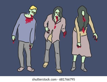 Zombie and Ghost Halloween. - hand drawn. line drawing. vector illustration.