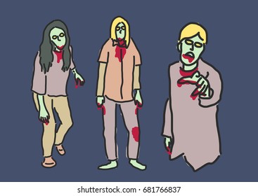 Zombie and Ghost Halloween. - hand drawn. line drawing. vector illustration.