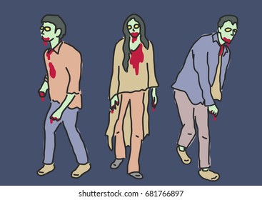 Zombie and Ghost Halloween. - hand drawn. line drawing. vector illustration.