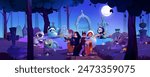Zombie, ghosts and werewolf attacked kid boys in Halloween carnival costumes on graveyard at night under full moon light. Cartoon vector scary cemetery scene. Children fight off monsters with candy.
