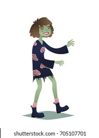 Zombie girl. Cute young woman in style of Dead Monster going for Halloween party. Vector illustration in flat cartoon style on a white background. Element for your design, prints and greeting card.