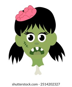 Chica zombi cabeza sobre hueso. Ilustración vectorial plana de dibujos animados de Halloween.