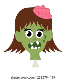 Chica zombi cabeza sobre hueso. Ilustración vectorial plana de dibujos animados de Halloween.