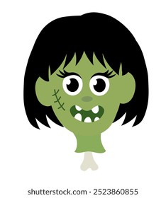 Garota Zumbi com osso. Ilustração de vetor plano de desenhos animados de Halloween.