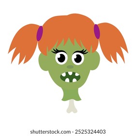 Chica zombi cabeza sobre hueso. Ilustración vectorial plana de dibujos animados de Halloween.