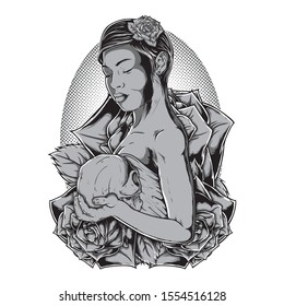 Zombie Girl Holding Skull Illustration