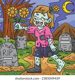 Zombie Girl Holding Sunflowers Colored Cartoon 