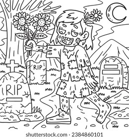 Zombie Girl Holding Sunflowers Coloring Pages 