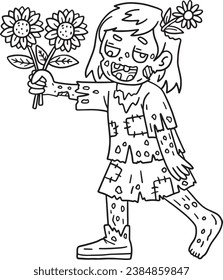 Zombie Girl Holding Sunflowers Isolated Coloring 