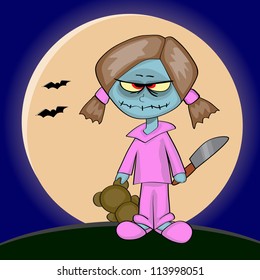 Zombie girl holding a teddy and a knife