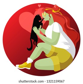Zombie girl hugging her favorite cat.Vector illustration of love for animals
