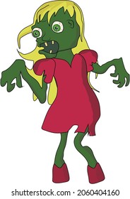 zombie girl with long hair in vector, illustration of zombie in dress
