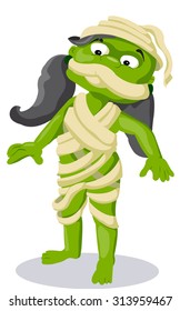 zombie girl in mummy bandages on a postcard for Halloween