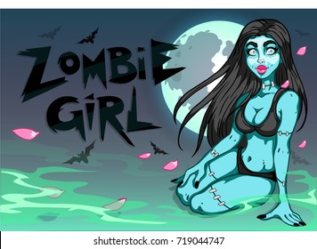 Zombie girl on the background of the moon, Halloween poster vector.