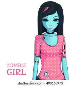 Zombie girl on white background. Zombie apocalypse. Sad girl in pink shirt