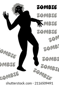 Zombie girl silhouette. Black and white illustration. Poster design. Vector