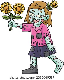 Zombie Girl with Sunflower Cartoon Colored Clipart