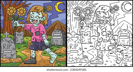 Zombie Girl with Sunflowers Coloring Illustration