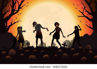 Zombie girls at a graveyard which many skulls on the floor in the full moon night. Halloween theme background. Evil spirit.