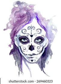 Zombie Girls Head. Sugar Skull Face Paint. Watercolor Vector Illustration