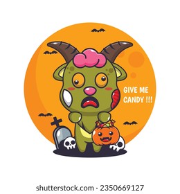 Zombie goat want candy. Cute halloween cartoon illustration. 