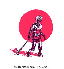 Zombie goes with an ax on a red background, graphics