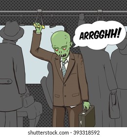 Zombie goes to work by public transport pop art style vector illustration. Comic book style imitation. Vintage retro style. Conceptual illustration