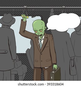 Zombie goes to work by public transport pop art style vector illustration. Comic book style imitation. Vintage retro style. Conceptual illustration