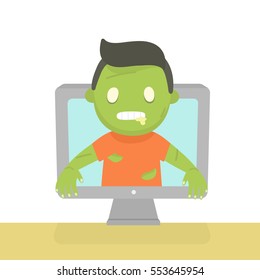 Zombie going out of computer. Vector hand drawn illustration.