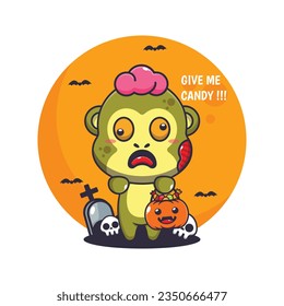 Zombie gorilla want candy. Cute halloween cartoon illustration.