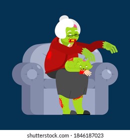 Zombie granny. Grandmother zombi. Grandma revived dead. Green monster old woman
