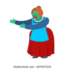 Zombie granny. Grandmother zombi. Grandma revived dead. Green monster old woman
