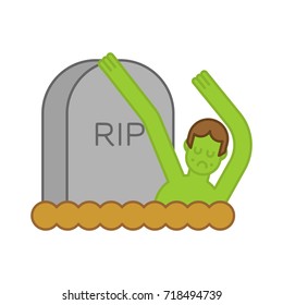 Zombie and grave. Gravestone and dead man. Halloween illustration