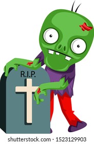 Zombie at grave, illustration, vector on white background.