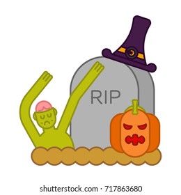 Zombie and grave and pumpkin. Gravestone and dead man. Halloween illustration