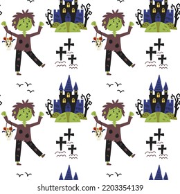 Zombie graveyard castle halloween pattern. Halloween kids wallpaper, digital paper. Cartoon flat vector repeat background