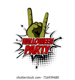 Zombie green hand wow pop art cartoon rocknroll style. Comic book text vector illustration. Party emblem invitation. Vintage hand drawn sketch design. Retro woman finger rock n roll