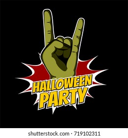 Zombie green hand wow pop art cartoon style. Comic book text vector illustration. Party rock emblem invitation. Vintage hand drawn sketch design. Retro woman finger rocknroll.