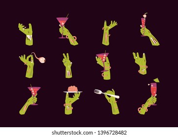 Zombie green hands holding a Cocktail and Rising Out Of A Grave Scary. Halloween celebration design set isolated. Flat Art Vector illustration