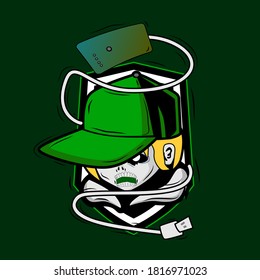 Zombie with green hat and cable vector illustration for tees in halloween party
