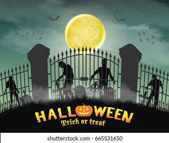 zombie group behind graveyard in cemetery gate 