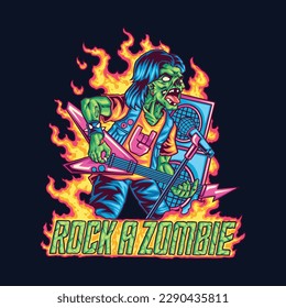 zombie guitar rocker illustration for tshirt design, logo, or stickers